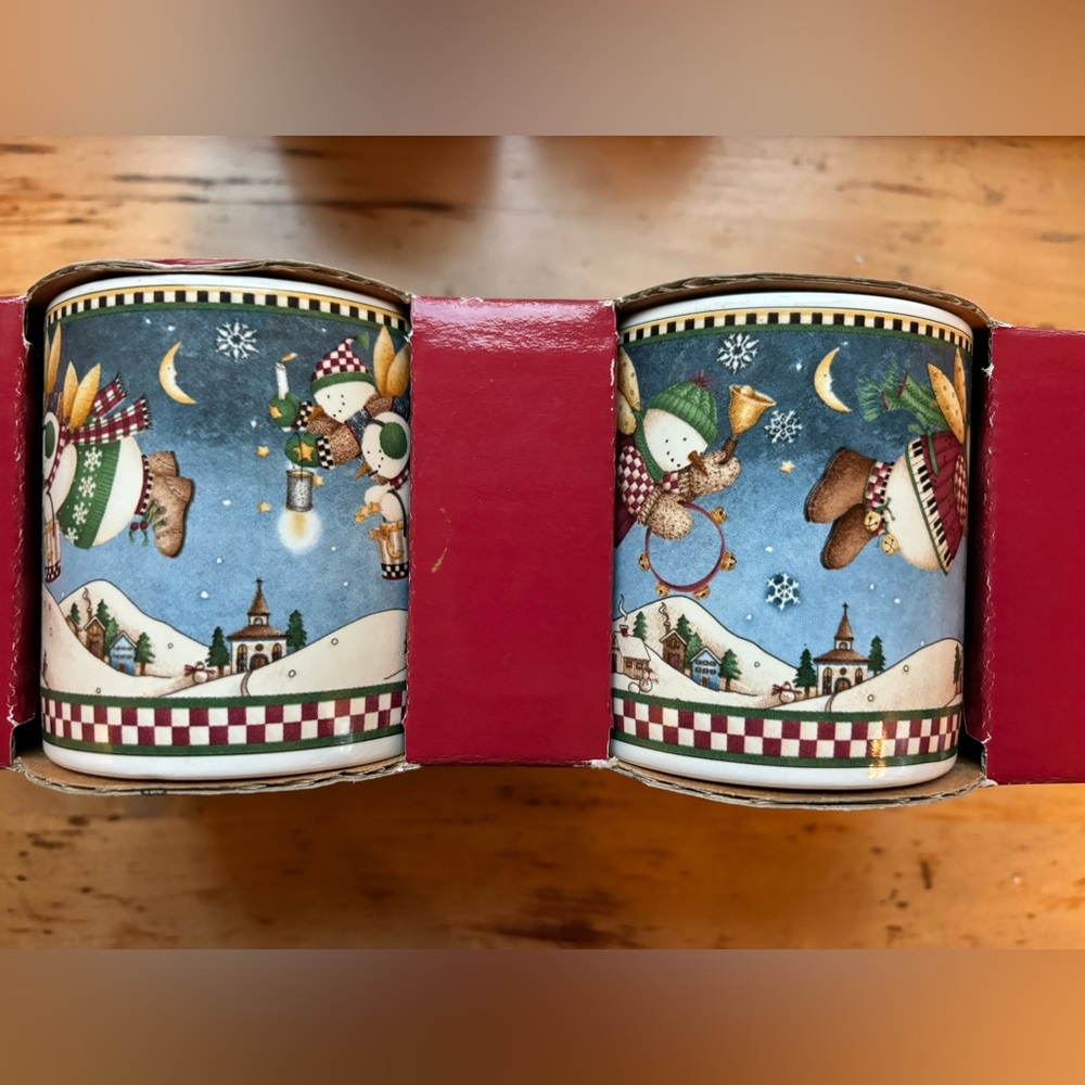 Sakura Snow Angel Village Set of 4 Stoneware Mugs NEW
